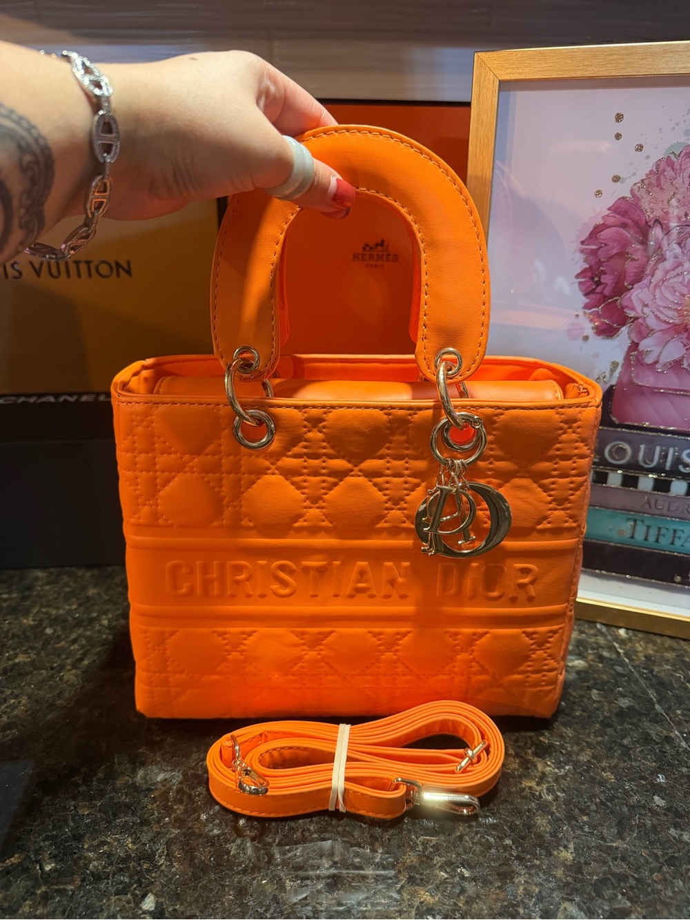 D Orange Quilted Tote with Gold Hardware